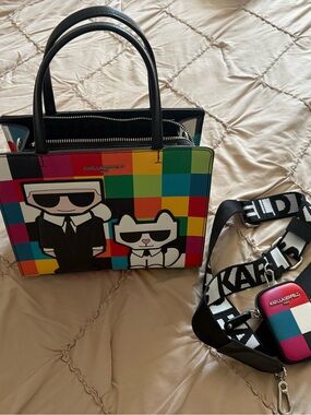 Karl Lagerfeld Multicolor Checkerboard Tote with Character Graphic